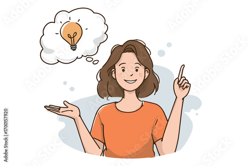 A girl with brown hair and an orange shirt smiles while gesturing with one hand and a light bulb appears in a thought bubble above her head. She looks inspired and creative.