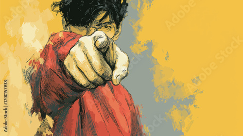 A young individual with tousled hair and glasses points directly at the viewer, dressed in a red sweater. The bright yellow backdrop enhances the bold expression.