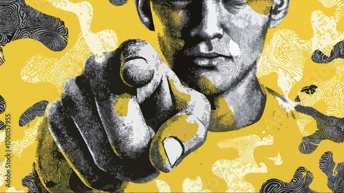A striking artwork features a person with an intense expression pointing directly at the viewer. The energetic yellow background adds vibrancy and depth to the composition.