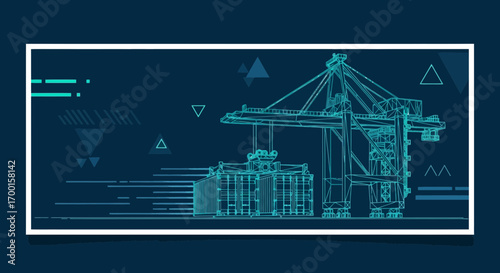 Abstract illustration of a port crane lifting shipping containers with modern design and geometric