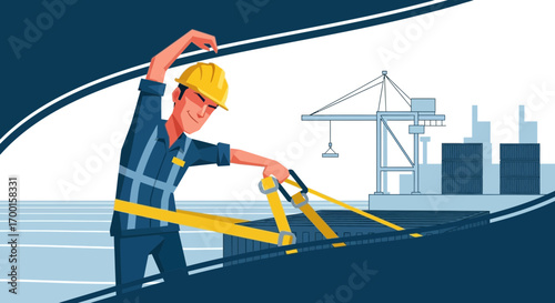 An illustrative image of a dock worker securing cargo for transport operations at a shipyard