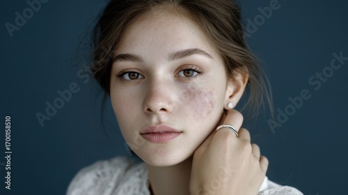 Young caucasian female with birthmark on face looking thoughtful