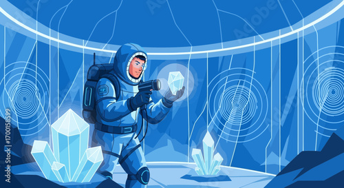 Astronaut Exploring a Crystal Cave on an Alien Planet with High-Tech Gear and Futuristic Design