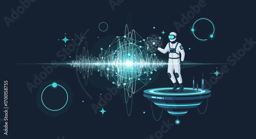 Astronaut interacting with a holographic display in a futuristic research environment exploring