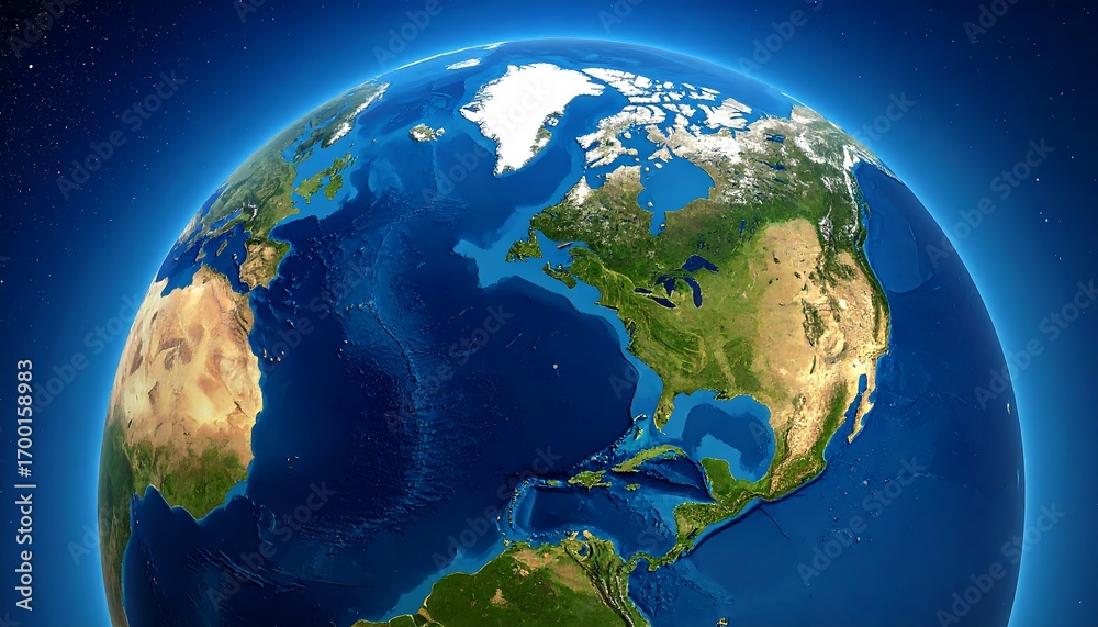 Fototapeta premium Detailed graphical representation of the Americas as seen from space, showcasing continents, oceans, and varied landforms.