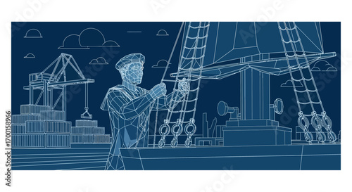 Blueprint illustration depicting a sailor on a ship with cargo containers and cranes in the