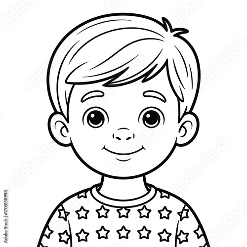 Scalable vector line art illustration of a smiling boy with star pattern shirt for eps download silhouette vector illustration white background