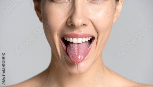 Close-up of a woman's mouth with her tongue protruding, showcasing healthy teeth and a subtle drool.