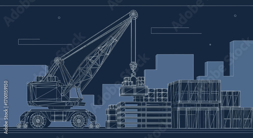 Blueprint illustration of a mobile harbor crane loading containers on a cargo terminal