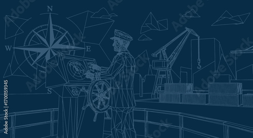 Blueprint style illustration of a ship captain navigating a cargo ship in a modern port environment