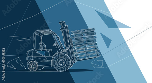Blueprint style forklift illustration with abstract geometric background design