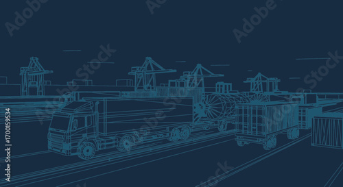 Blueprint style illustration depicting freight trucks at a shipping port terminal with cargo