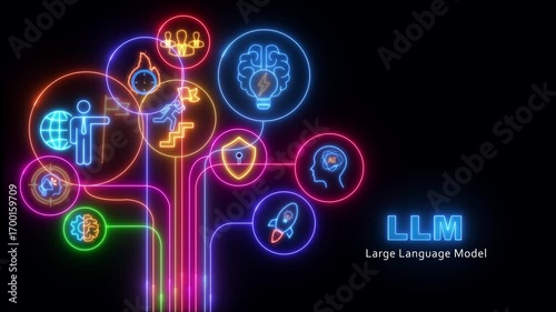 An animated brain icon with a chat symbol creates text. Represents a Large Language Model (LLM), AI chatbot, artificial intelligence, conversational and generative technology black background 4k video