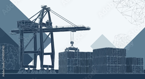 Blueprint style illustration of a gantry crane lifting shipping containers in a port