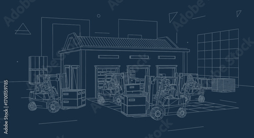 Blueprint style illustration of a warehouse with forklifts ready for logistical operation