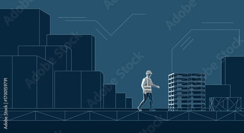 Blueprint style illustration of worker and building material for construction concept