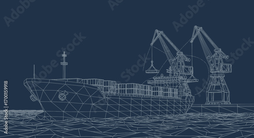 Blueprint style wireframe of a cargo ship being loaded at a port with cranes
