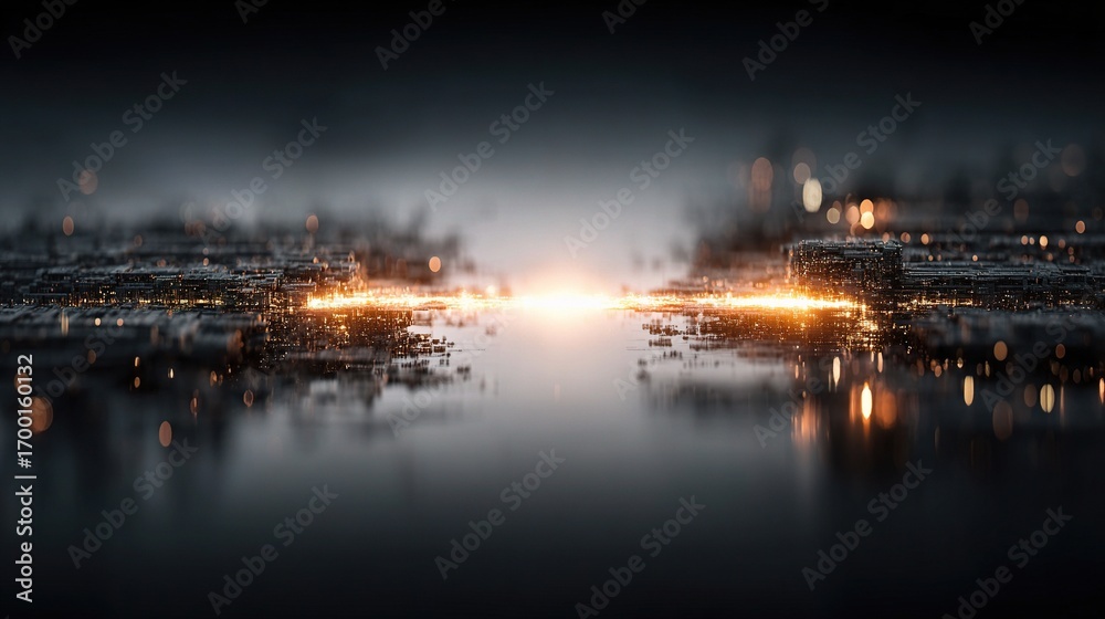 Fototapeta premium Two abstract quantum computers connected by glowing energy beam with blurred futuristic laboratory background, symbolizing groundbreaking science, advanced technology, innovation, data processing