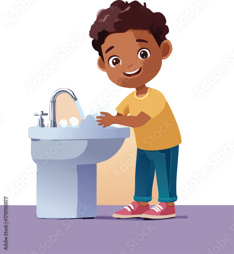 Cartoon child washing hands in bathroom sink – educational illustration. Little boy practicing hand hygiene – vector design for health campaigns