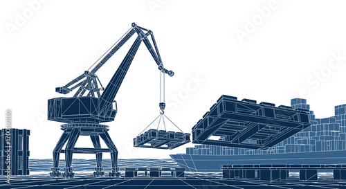 Conceptual blueprint of a port with crane lifting cargo onto a modern cargo ship, emphasizing the