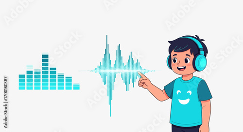 Cartoon boy with headphones interacting with sound wave visualization on white background