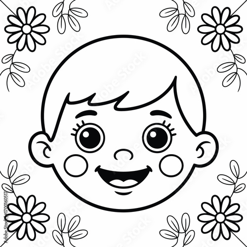 Happy child face with flowers outline vector illustration scalable eps icon for design silhouette vector illustration white background