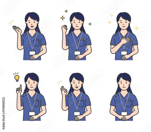 笑顔でポーズをとる看護師のアイコンセット イラスト素材