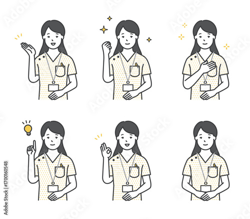 笑顔でポーズをとる看護師のアイコンセット イラスト素材