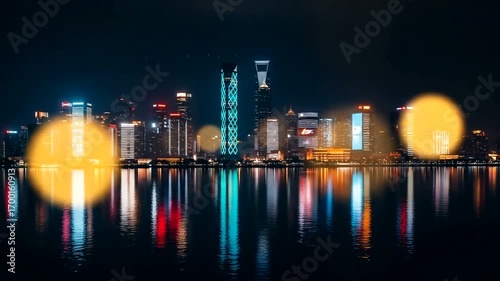 Vibrant city skyline at night with colorful reflections on water and blurred lights in foreground