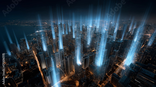 6G. Data Speed. Quantum Communication. Futuristic cityscape illustration showcasing 6G technology and ultra-fast data integration.