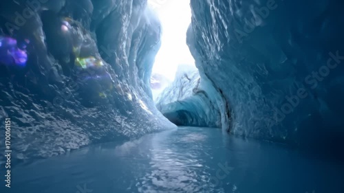 Blue glacier cave with seracs and skylight