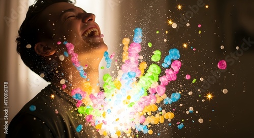 Explosion of Joy: A close-up shot of a man laughing joyfully as colorful confetti bursts around him, symbolizing happiness, and celebration.
