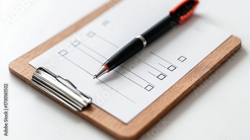 Wallpaper Mural Wooden clipboard displaying a printed questionnaire form with a black pen on a white table, ideal for professional presentations. Survey research answer checklist Torontodigital.ca