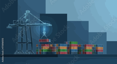 Conceptual illustration showcasing global trade and logistics with a crane and containers