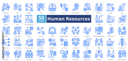 Human Resources blue style contains 50 icons including recruitment, id card, operation, skills, leadership, promote, human resources, planner simple vector 