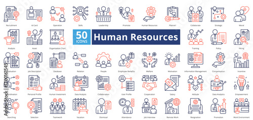Human Resources dual tone style contains 50 icons including collaborate, strategic, moral, analysis, asset, organization chart, training, hiring, evaluation simple vector 