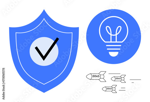 Shield with a checkmark, lightbulb icon, missiles labeled DDoS symbolize cybersecurity, innovation, and defense. Ideal for cybersecurity, technology, innovation, data protection internet safety IT