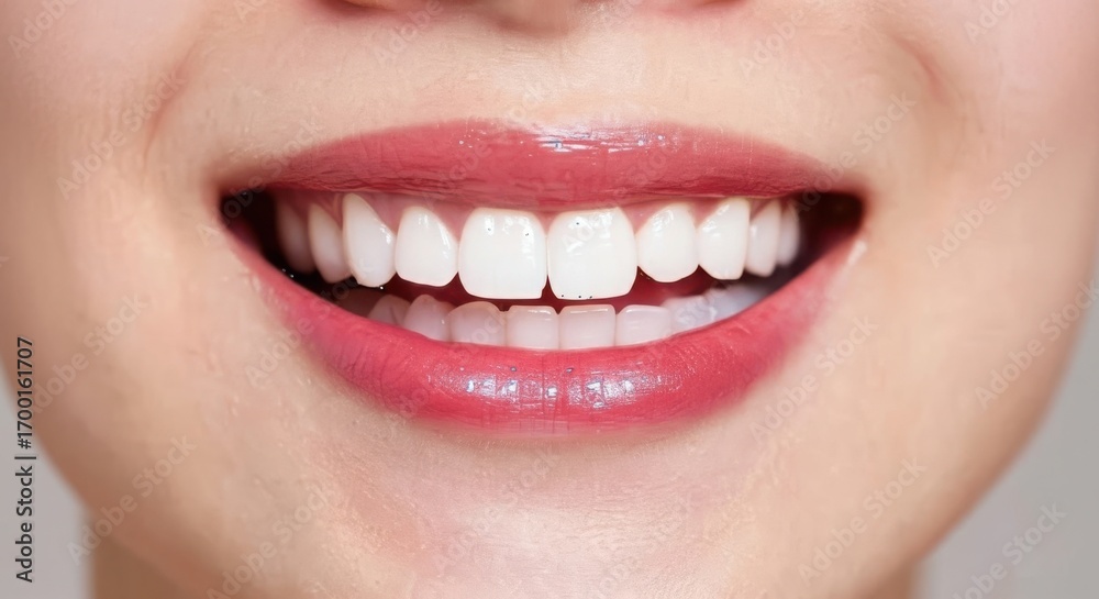 Fototapeta premium Close up of a woman s bright white smile with pink lips