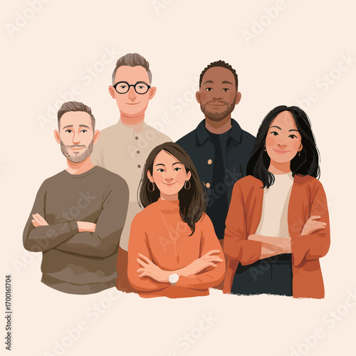 Five people of different backgrounds are standing together with arms crossed, smiling and displaying a sense of camaraderie in a neutral-colored space.