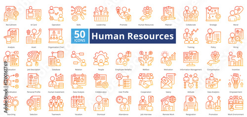 Human Resources outline gradient style contains 50 icons including human investment, data analysis, collaboration, user profile, analysis, asset, organization chart simple vector 