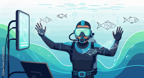 Diver interacting with augmented reality interface underwater for marine exploration and research
