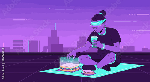 Cyberpunk Rooftop Lunch: A Person in VR Goggles Enjoying Food with a Futuristic Cityscape