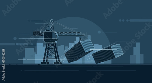 Dynamic vector illustration showcasing industrial crane moving shipping containers rapidly