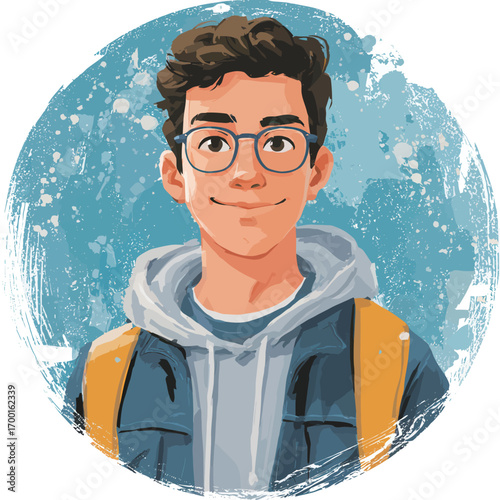 A cheerful young student in glasses and a hoodie stands confidently, wearing a backpack. The vibrant blue background enhances the positive atmosphere.
