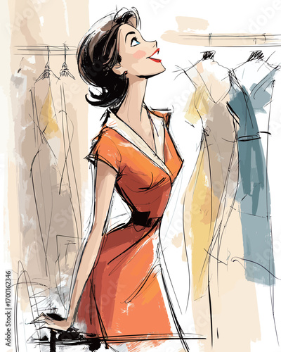 A stylish woman with a joyful expression stands in a clothing boutique, admiring herself in a mirror. Colorful dresses hang around her as she explores fashion choices.
