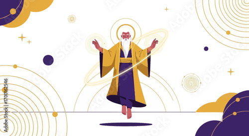 Enlightened figure levitating amidst cosmic elements representing transcendence and divinity
