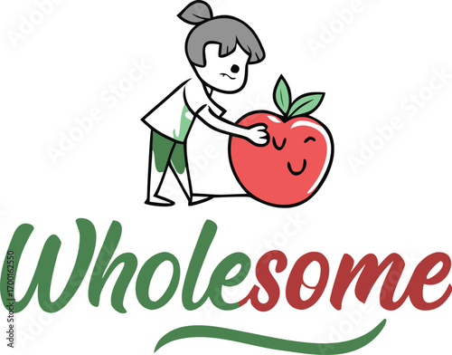 Cute wholesome logo with a girl hugging a happy apple