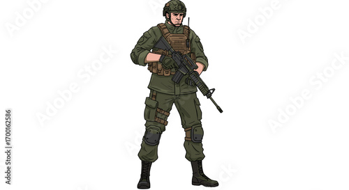 Soldier in tactical gear holding assault rifle standing alert on white background