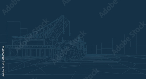 Digital blueprint of a cargo ship docked at a modern port facility in a city skyline