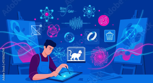 Digital artist creating innovative designs on a tablet with scientific and artistic inspiration